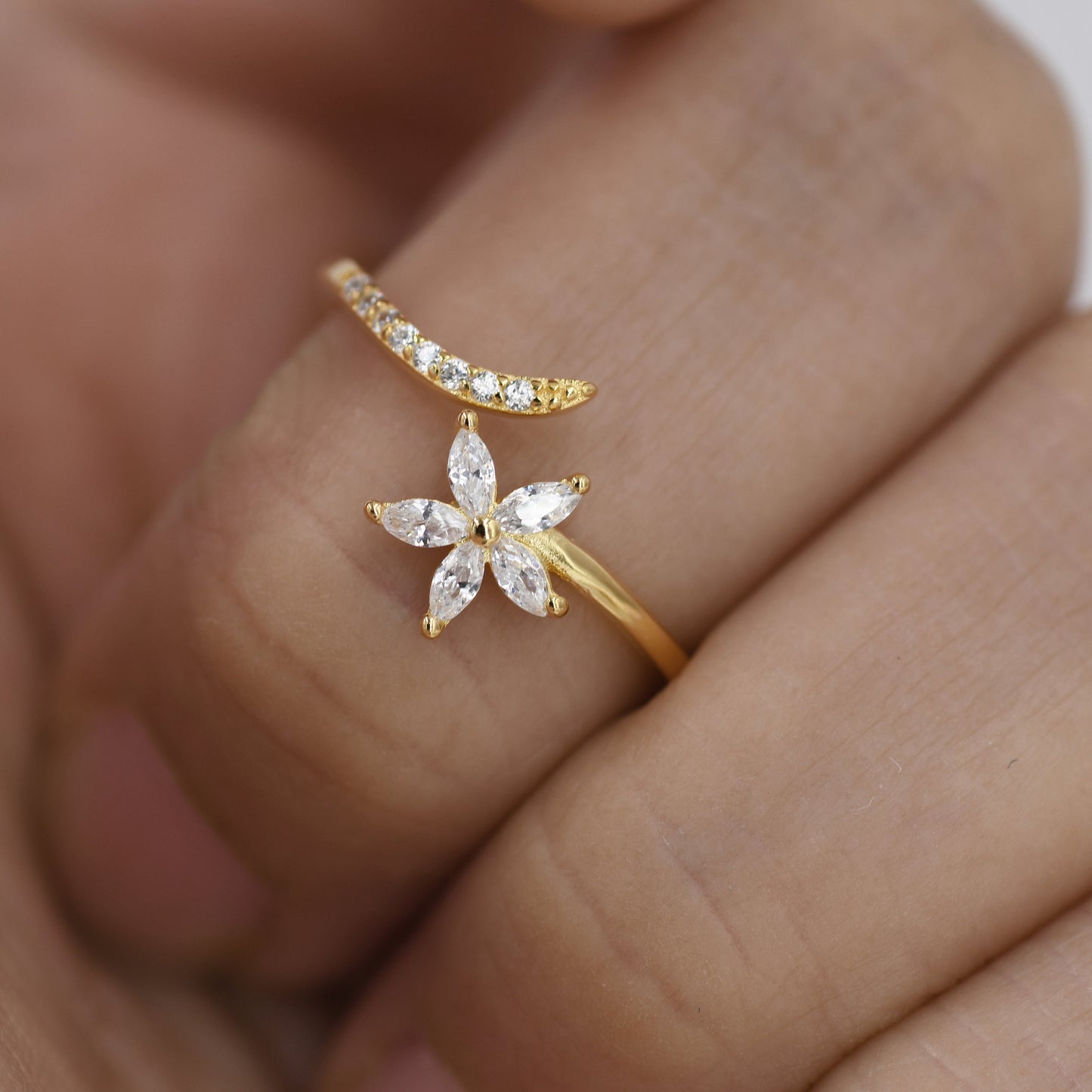 CZ Flower Open Ring in Sterling Silver, Silver or Gold, Adjustable, Forget-me-not, Minimalist CZ Ring