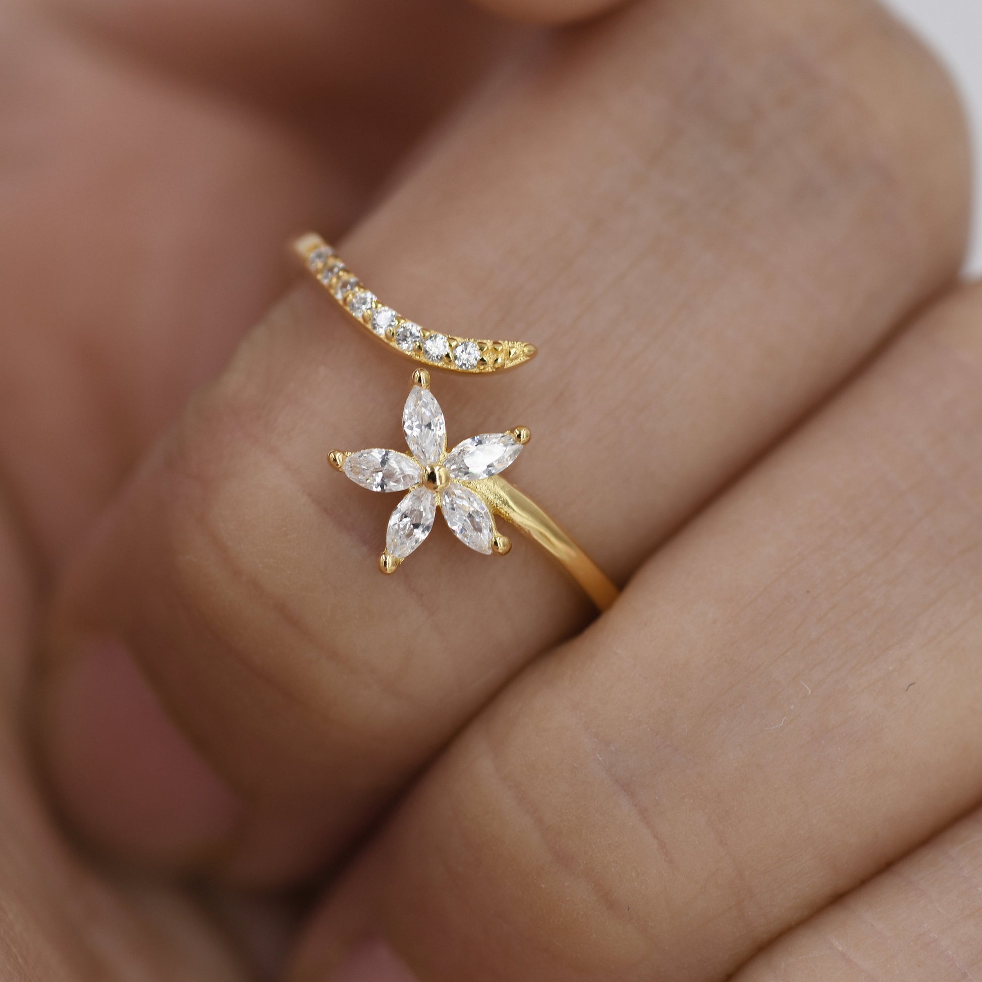 CZ Flower Open Ring in Sterling Silver, Silver or Gold, Adjustable, Forget-me-not, Minimalist CZ Ring