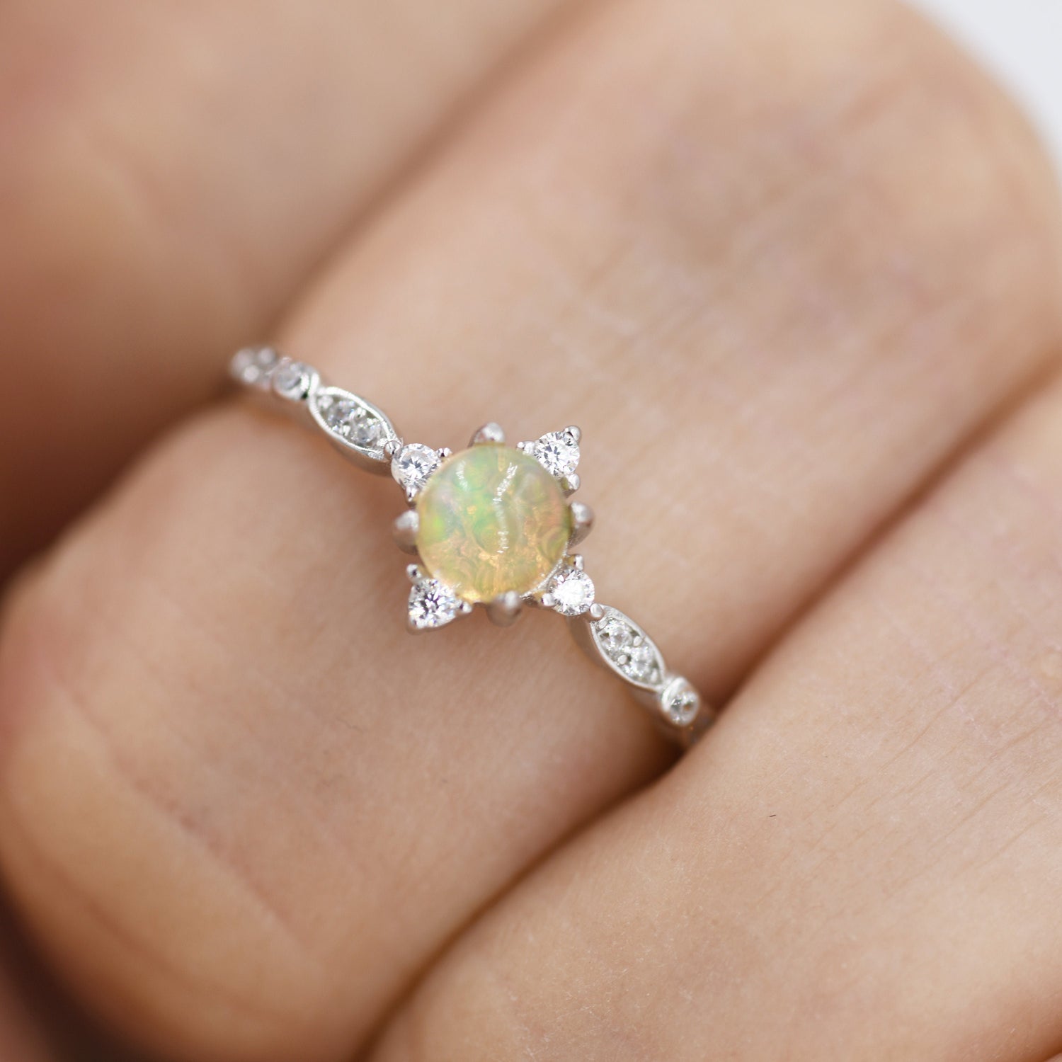Vintage Ethiopian Opal Gemstone Ring with CZ Accents