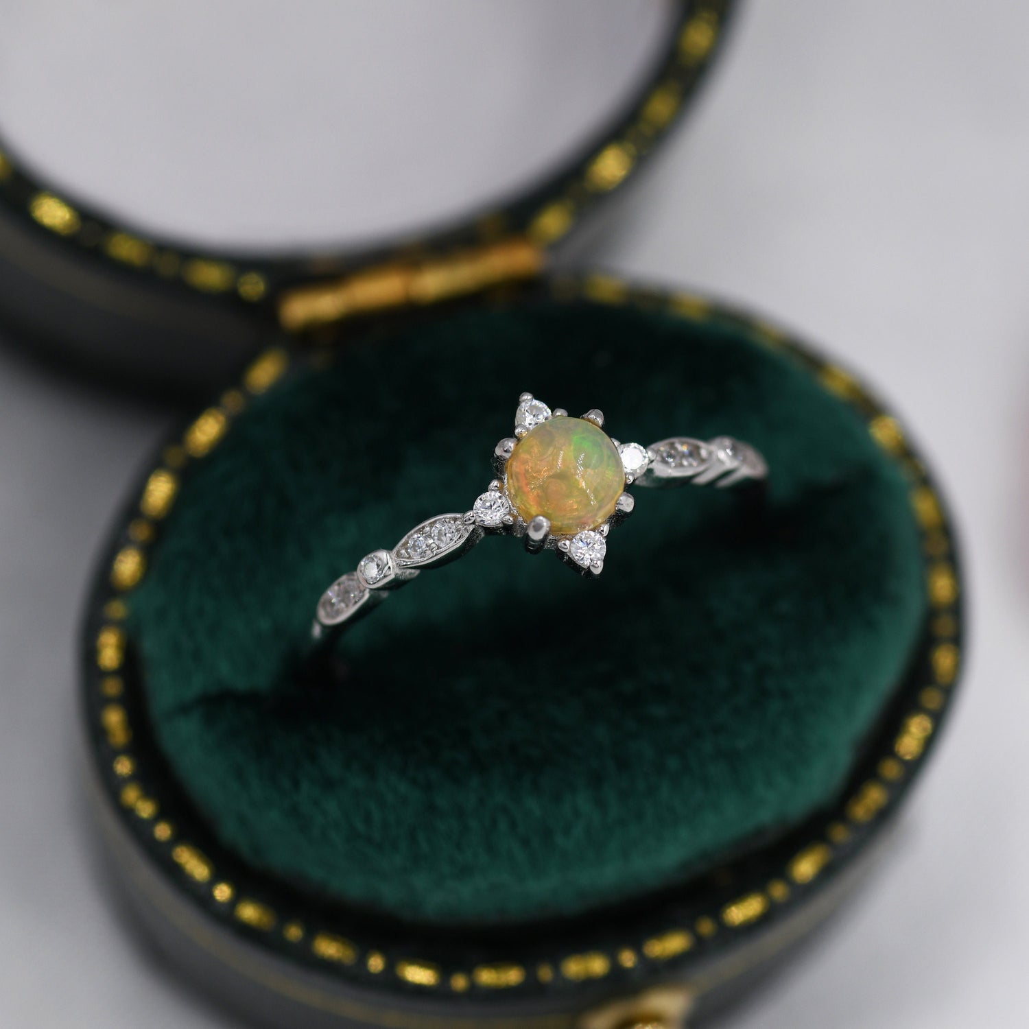 Vintage Ethiopian Opal Gemstone Ring with CZ Accents