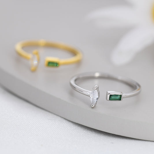 Emerald Green CZ Marquise and Baguette Open Ring in Sterling Silver, Silver or Gold, Adjustable, Geometric Minimalist CZ Ring