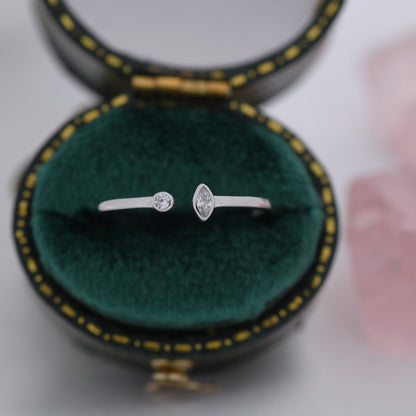 CZ Marquise Open Ring in Sterling Silver, Silver or Gold, Adjustable, Geometric Minimalist CZ Ring