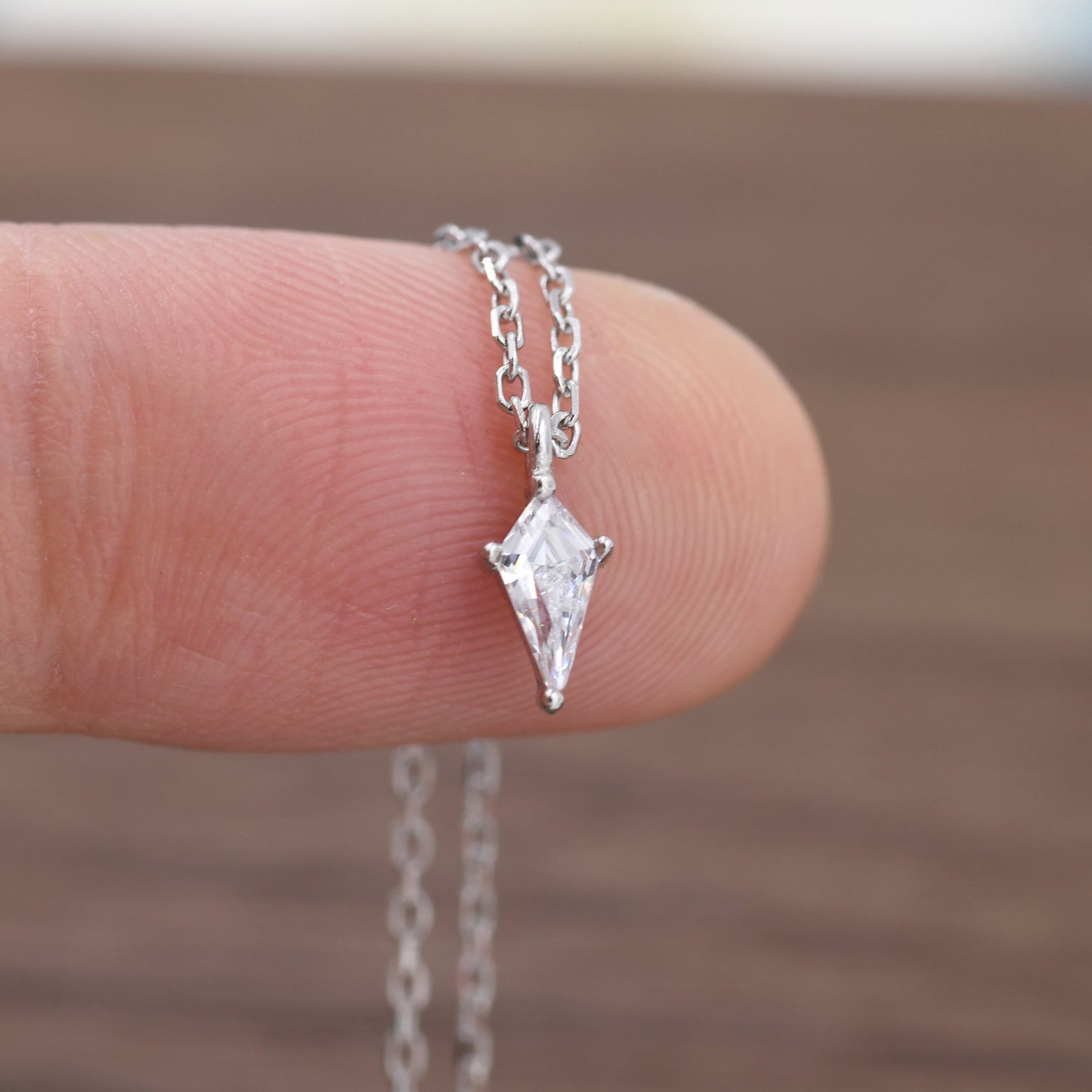 Extra Tiny Rhombus Kite CZ Necklace in Sterling Silver, Silver or Gold, Tiny Diamond Necklace, Tiny Dagger Necklace