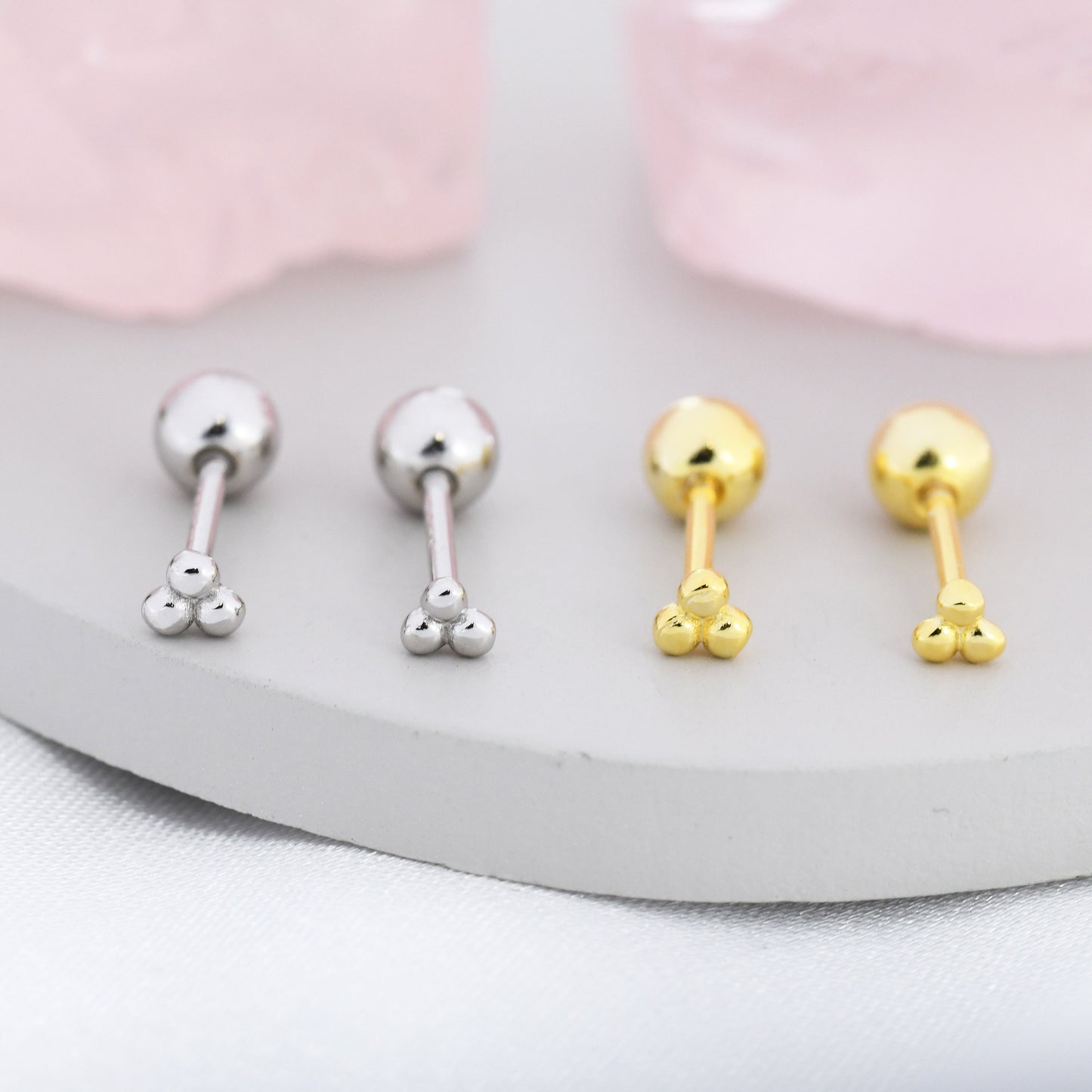 Extra Tiny Three Ball Barbell Earrings in Sterling Silver, Silver or Gold, Screw back Three Dot Earrings, Minimalist Piercing Jewellery