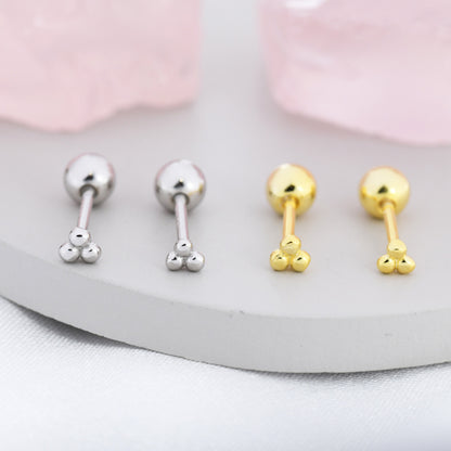 Extra Tiny Three Ball Barbell Earrings in Sterling Silver, Silver or Gold, Screw back Three Dot Earrings, Minimalist Piercing Jewellery