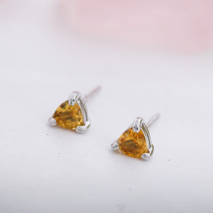 Genuine Yellow Citrine Crystal Stud Earrings in Sterling Silver, Silver or Gold, Trillion Cut Citrine Earrings, Double Pronged