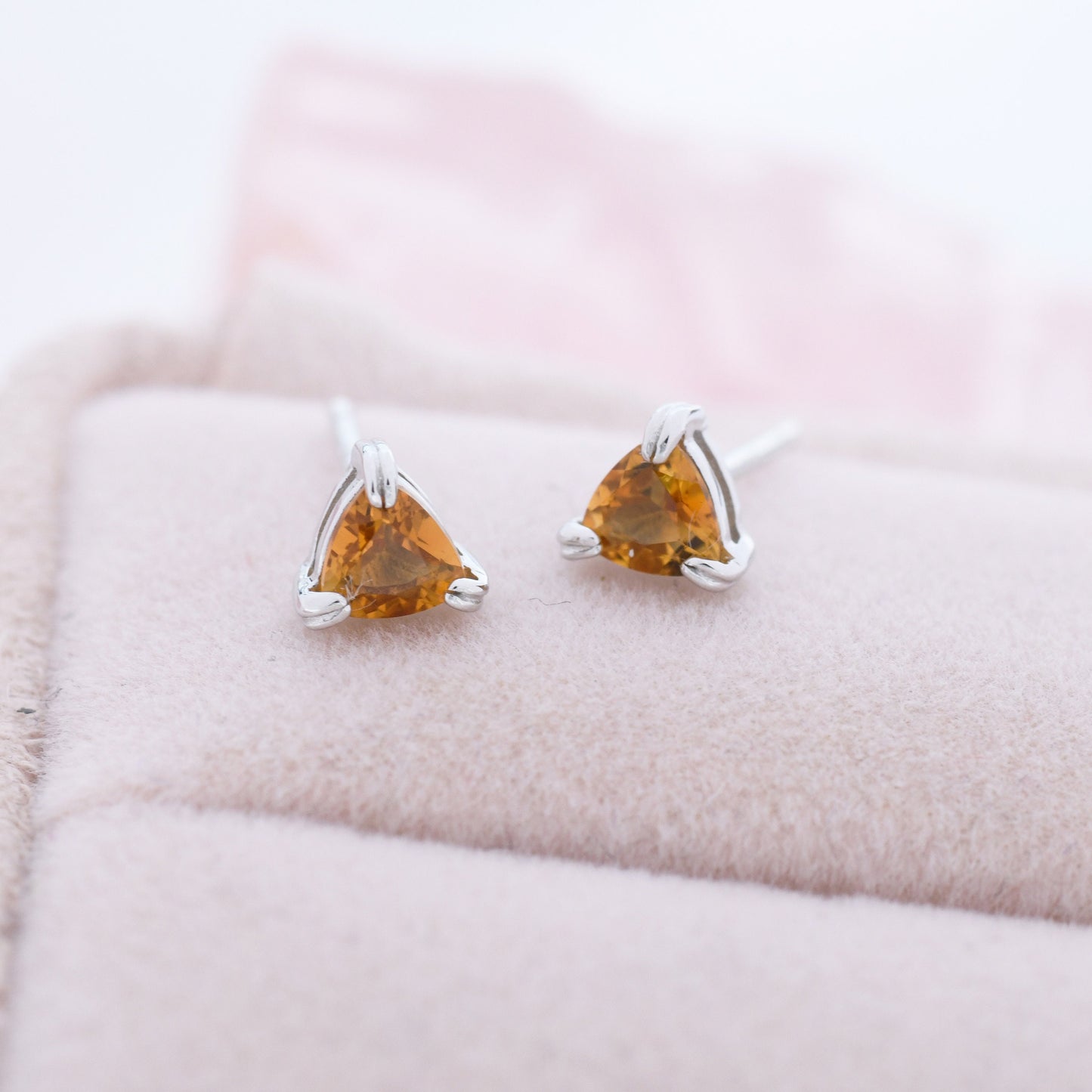 Genuine Yellow Citrine Crystal Stud Earrings in Sterling Silver, Silver or Gold, Trillion Cut Citrine Earrings, Double Pronged