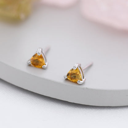 Genuine Yellow Citrine Crystal Stud Earrings in Sterling Silver, Silver or Gold, Trillion Cut Citrine Earrings, Double Pronged