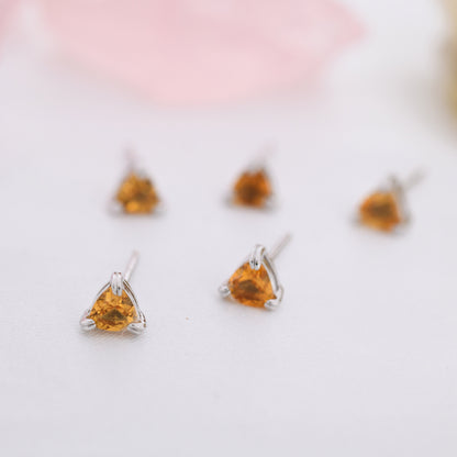 Genuine Yellow Citrine Crystal Stud Earrings in Sterling Silver, Silver or Gold, Trillion Cut Citrine Earrings, Double Pronged