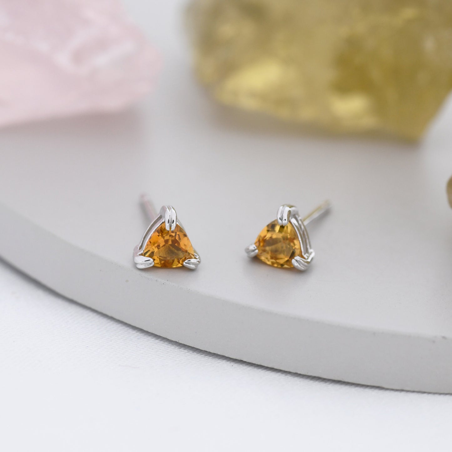 Genuine Yellow Citrine Crystal Stud Earrings in Sterling Silver, Silver or Gold, Trillion Cut Citrine Earrings, Double Pronged