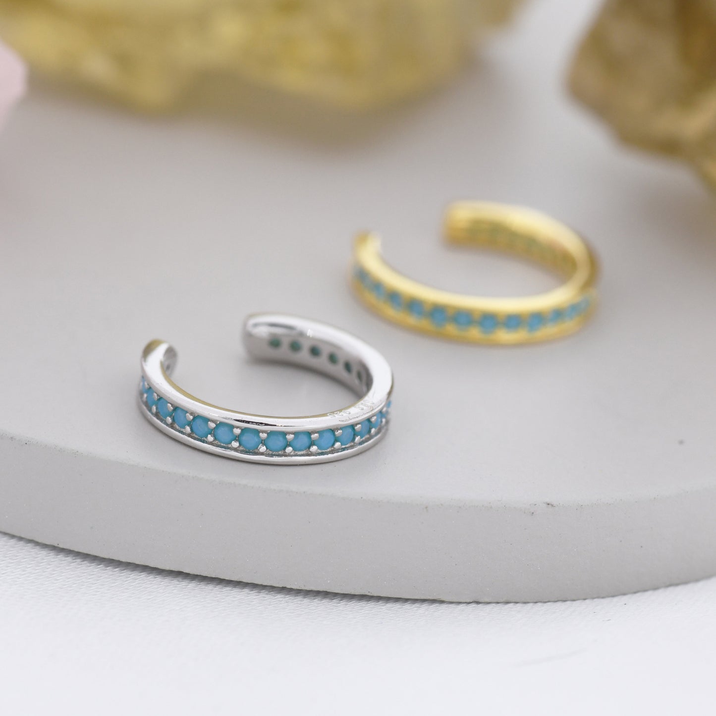 Turquoise Blue Ear Cuff in Sterling Silver, Silver or Gold, Simple Piercing Free Earrings, Minimalist Ear Cuff, Blue CZ Ear Cuff