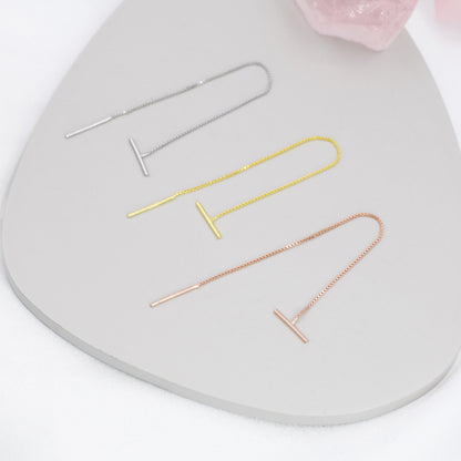 Sterling Silver Bar Ear Threader, Silver, Gold and Rose Gold, Minimal Long Threader earrings, Minimalist, box chain