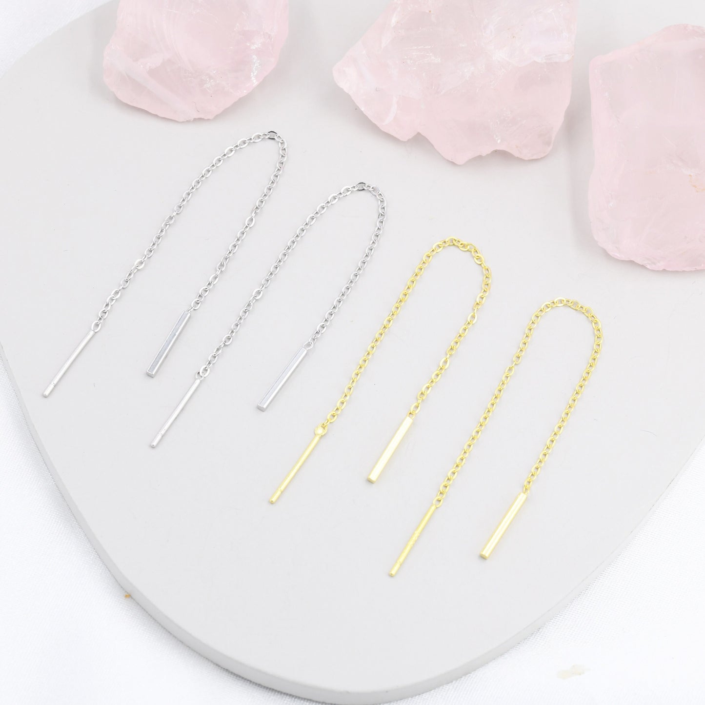 Sterling Silver Vertical Bar Ear Threader, Silver or Gold, Minimal Long Threader earrings, Minimalist, Threaders