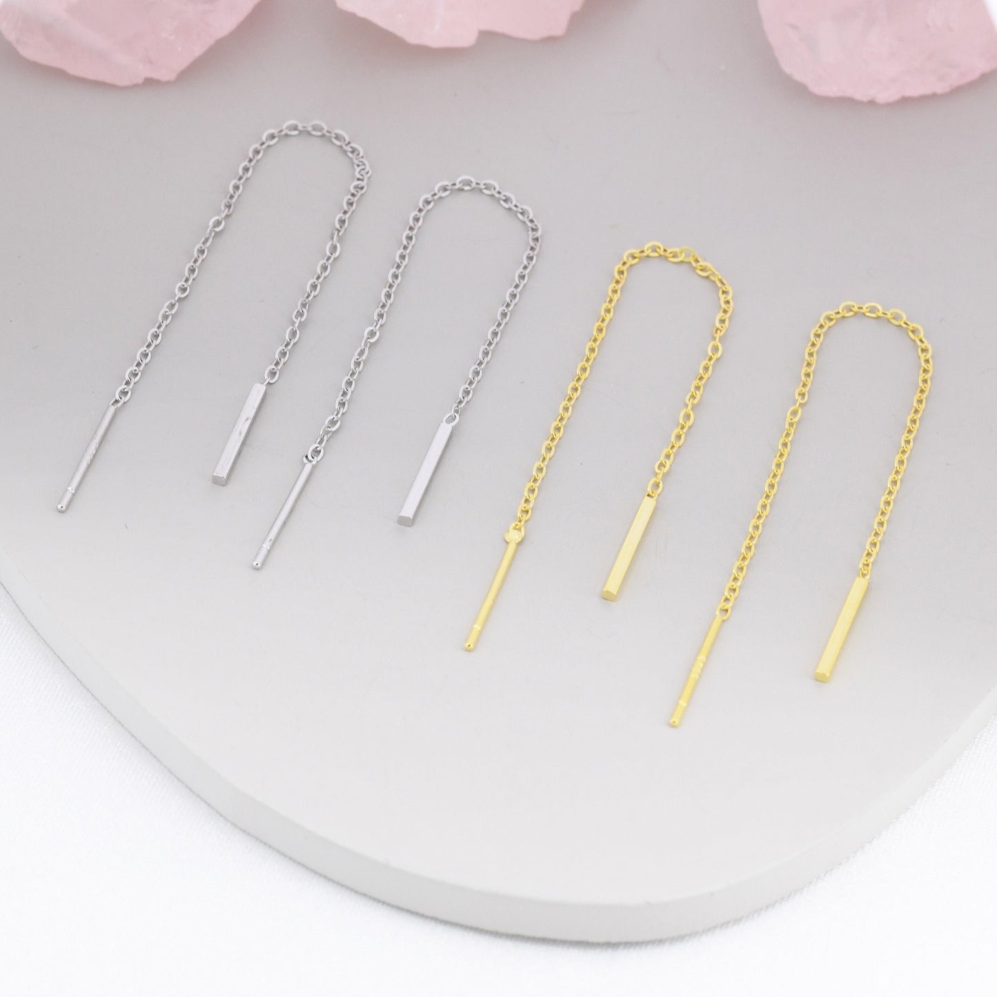 Sterling Silver Vertical Bar Ear Threader, Silver or Gold, Minimal Long Threader earrings, Minimalist, Threaders