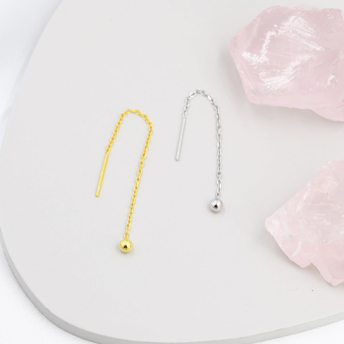 Sterling Silver Minimalist Ball Ear Threader, Various Length, Silver or Gold, Minimal Long Threader earrings, Minimalist, Threaders