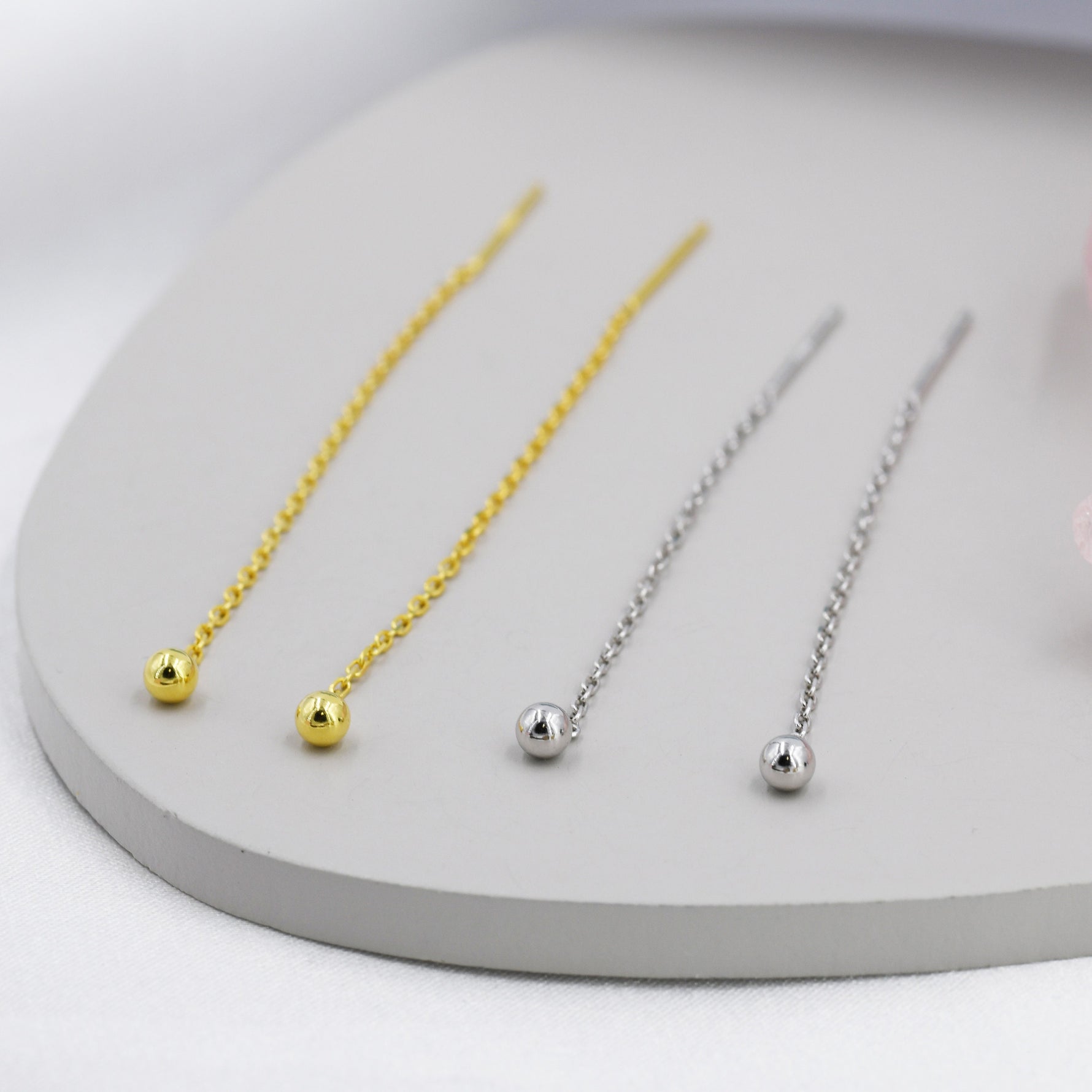 Sterling Silver Minimalist Ball Ear Threader, Various Length, Silver or Gold, Minimal Long Threader earrings, Minimalist, Threaders