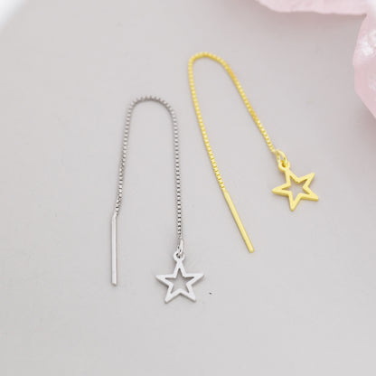 Open Star Threader Earrings in Sterling Silver, Silver or Gold, Star Ear Threaders, Celestial Jewellery