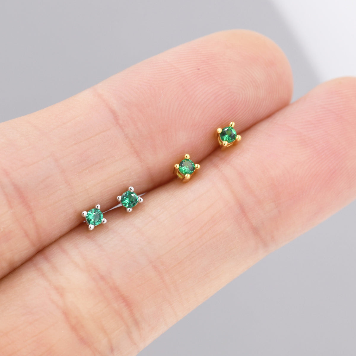 Extra Tiny Sterling Silver Emerald Green CZ Stud Earrings, 2mm May Birthstone CZ Earrings, Silver or Gold, Stacking Earrings