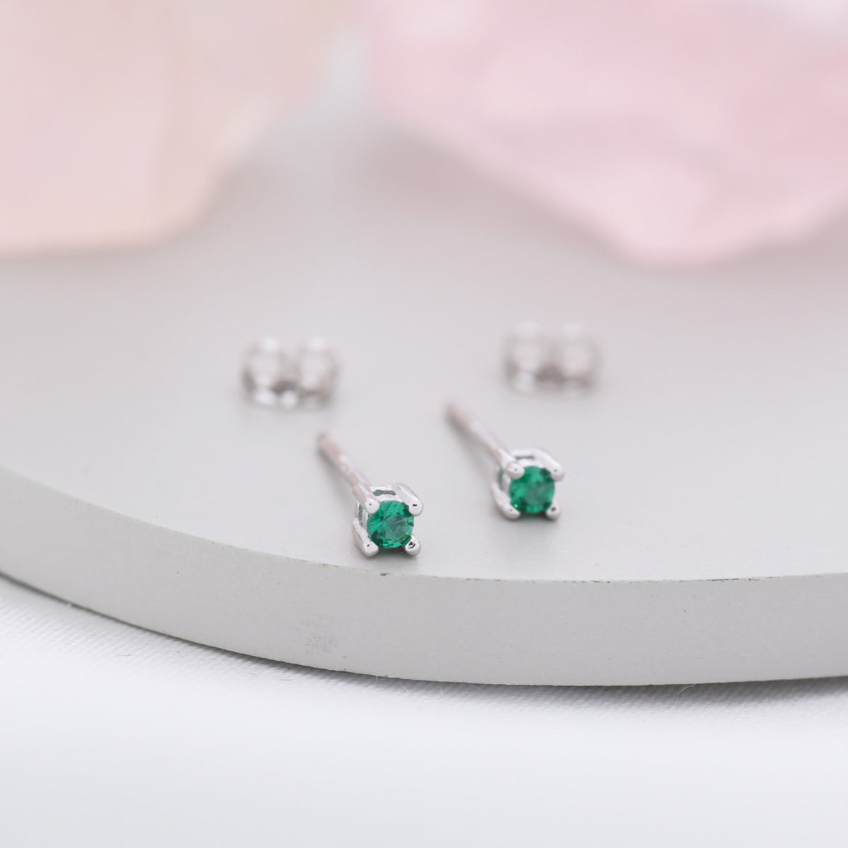 Extra Tiny Sterling Silver Emerald Green CZ Stud Earrings, 2mm May Birthstone CZ Earrings, Silver or Gold, Stacking Earrings