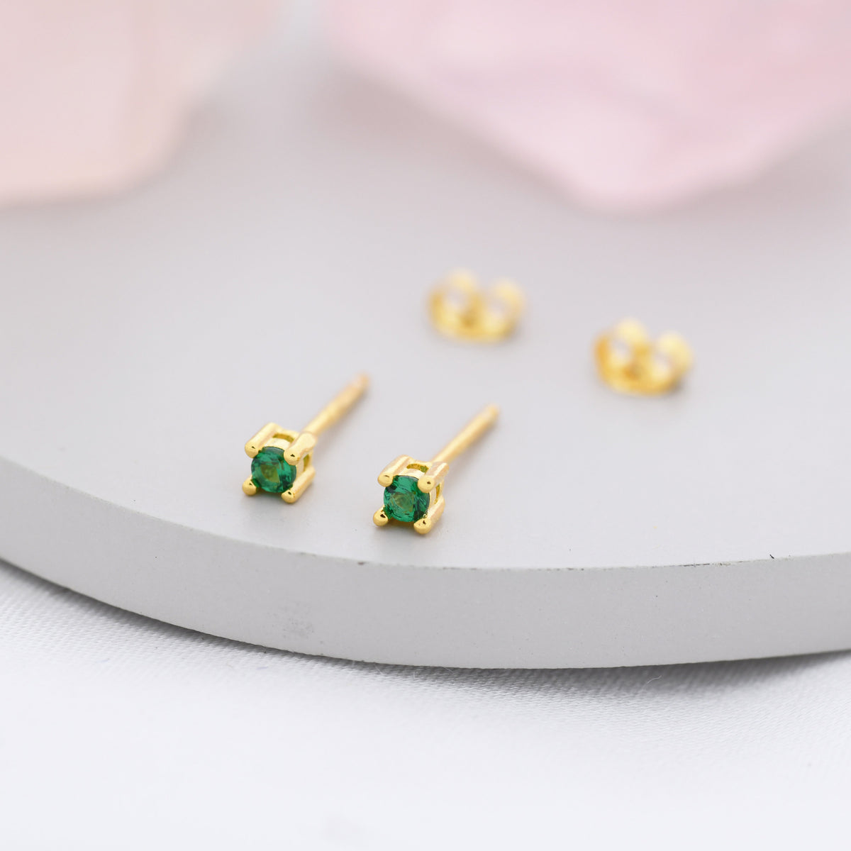 Extra Tiny Sterling Silver Emerald Green CZ Stud Earrings, 2mm May Birthstone CZ Earrings, Silver or Gold, Stacking Earrings