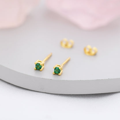 Extra Tiny Sterling Silver Emerald Green CZ Stud Earrings,  2mm May Birthstone CZ Earrings, Silver or Gold, Stacking Earrings