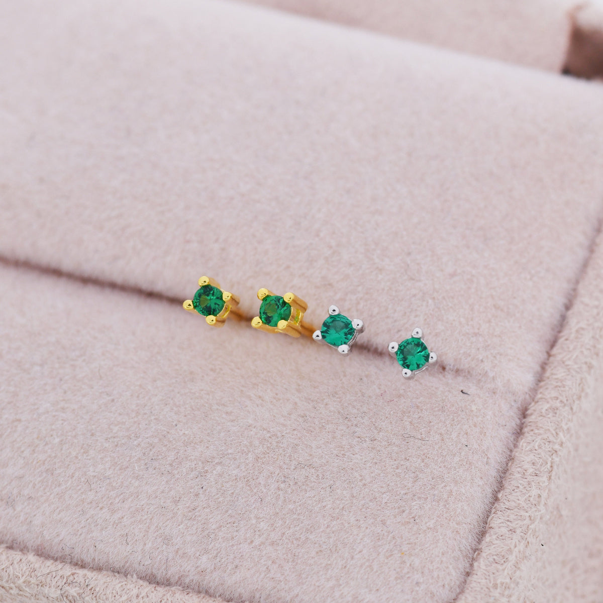 Extra Tiny Sterling Silver Emerald Green CZ Stud Earrings, 2mm May Birthstone CZ Earrings, Silver or Gold, Stacking Earrings