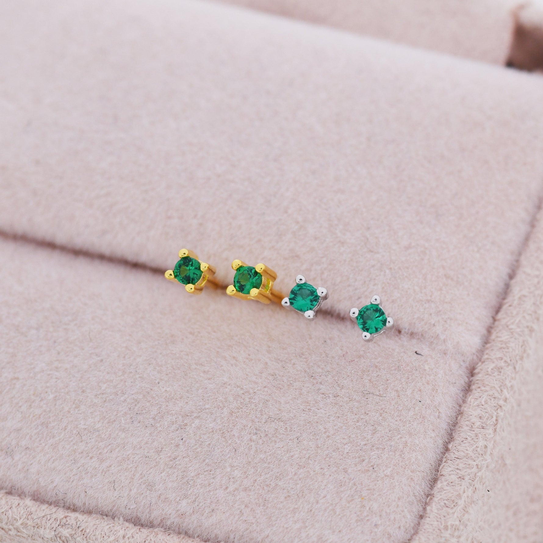 Extra Tiny Sterling Silver Emerald Green CZ Stud Earrings, 2mm May Birthstone CZ Earrings, Silver or Gold, Stacking Earrings
