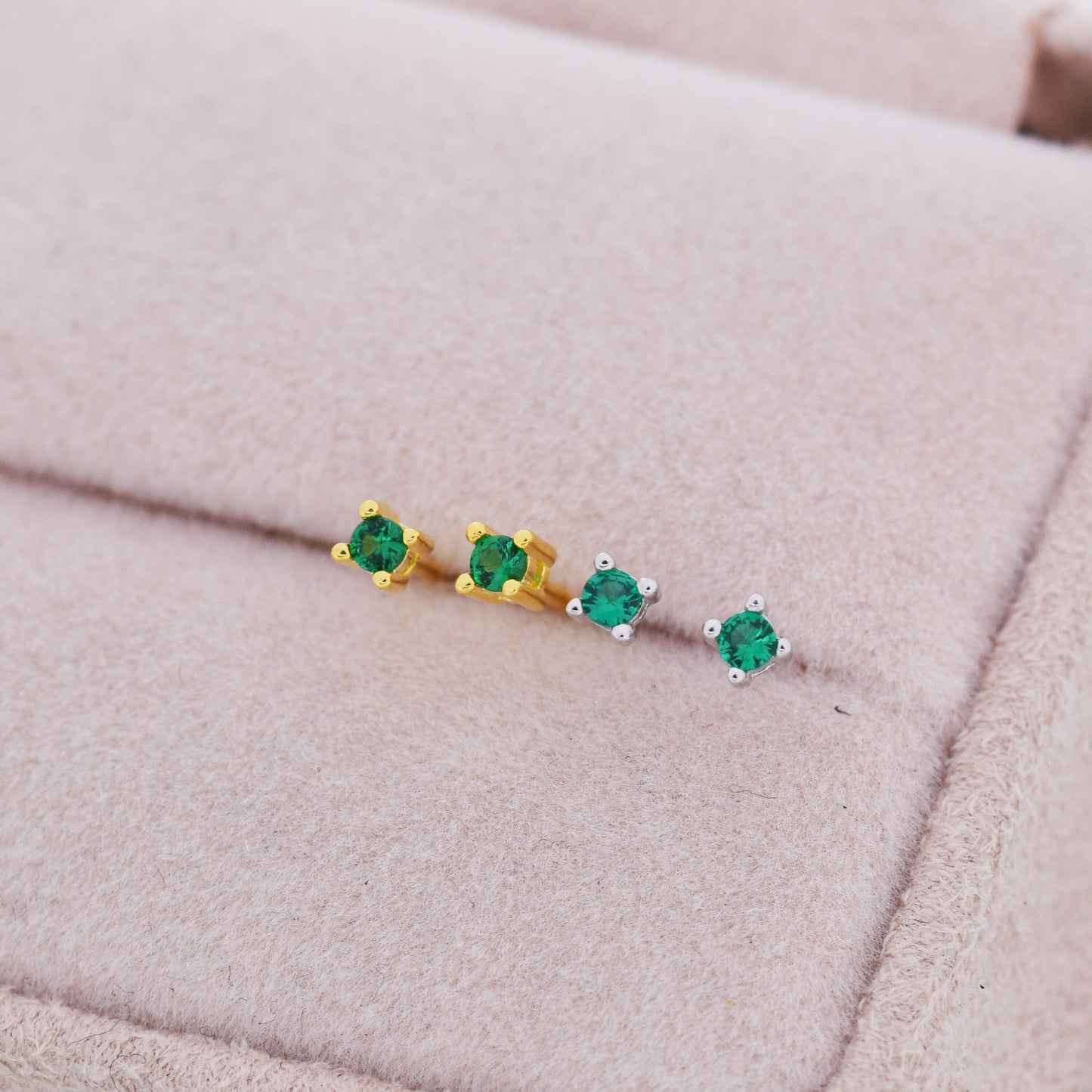 Extra Tiny Sterling Silver Emerald Green CZ Stud Earrings,  2mm May Birthstone CZ Earrings, Silver or Gold, Stacking Earrings