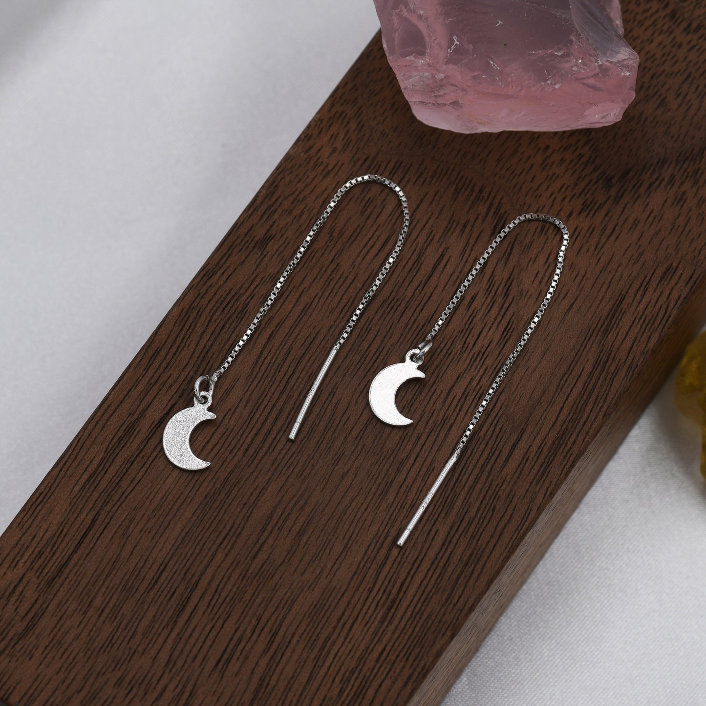 Sterling Silver Moon Ear Threaders, Silver, Delicate Moon Earrings, Minimalist Threader Earrings