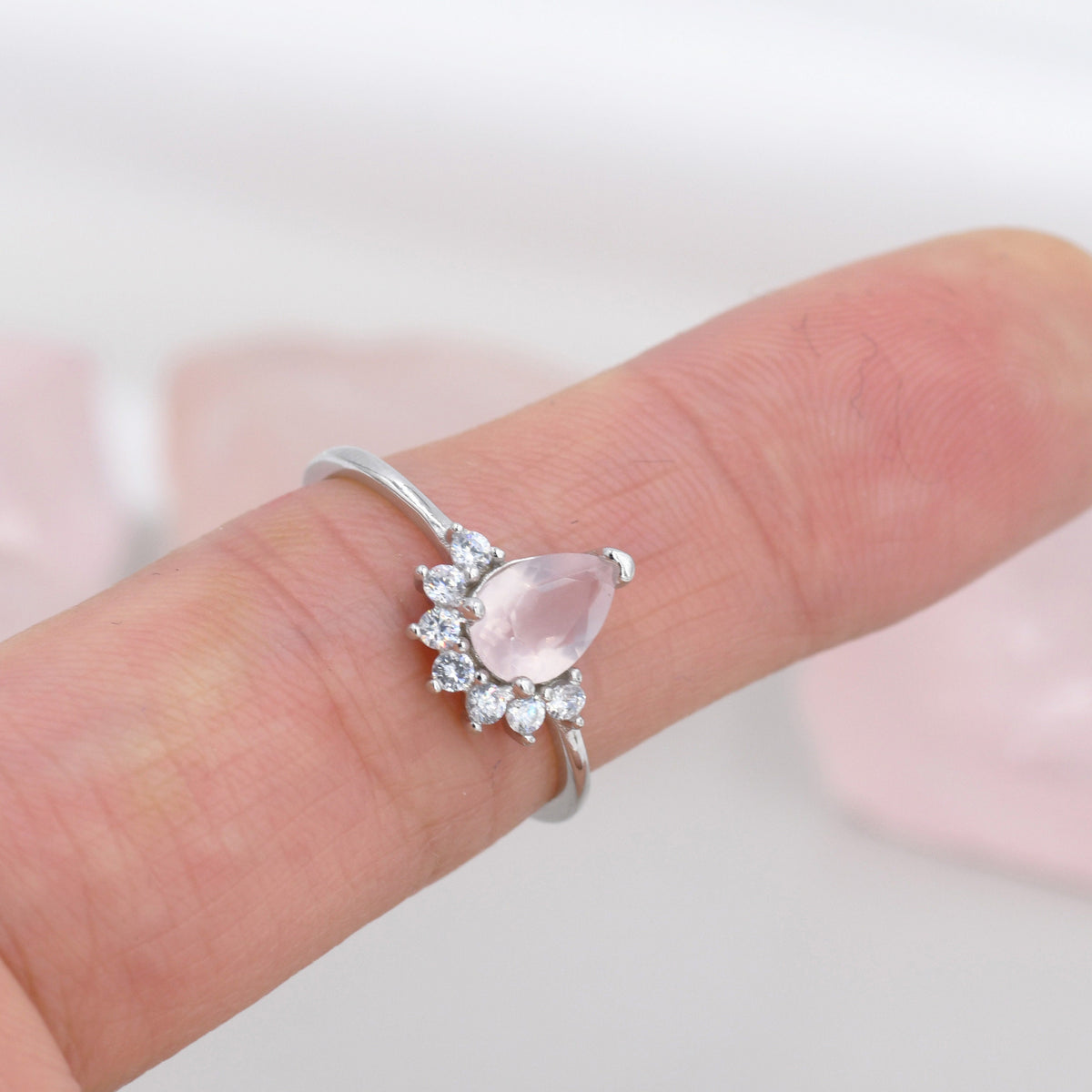 Genuine Pear Cut Rose Quartz Crown Ring in Sterling Silver, Natural Pink Rose Quartz Crystal Ring, Vintage Inspired Design, US 5 - 8
