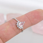 Genuine Pear Cut Rose Quartz Crown Ring in Sterling Silver, Natural Pink Rose Quartz Crystal Ring, Vintage Inspired Design, US 5 - 8