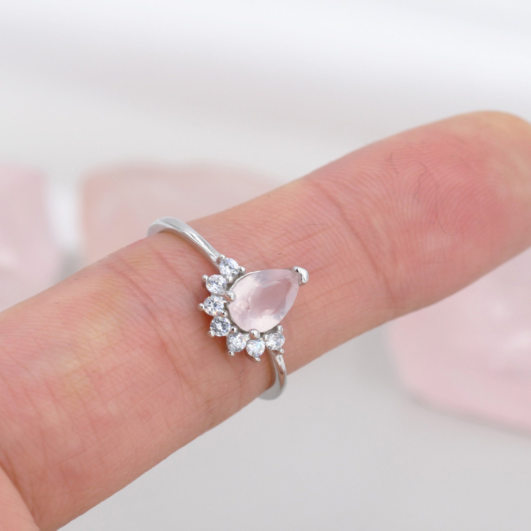 Genuine Pear Cut Rose Quartz Crown Ring in Sterling Silver, Natural Pink Rose Quartz Crystal Ring, Vintage Inspired Design, US 5 - 8
