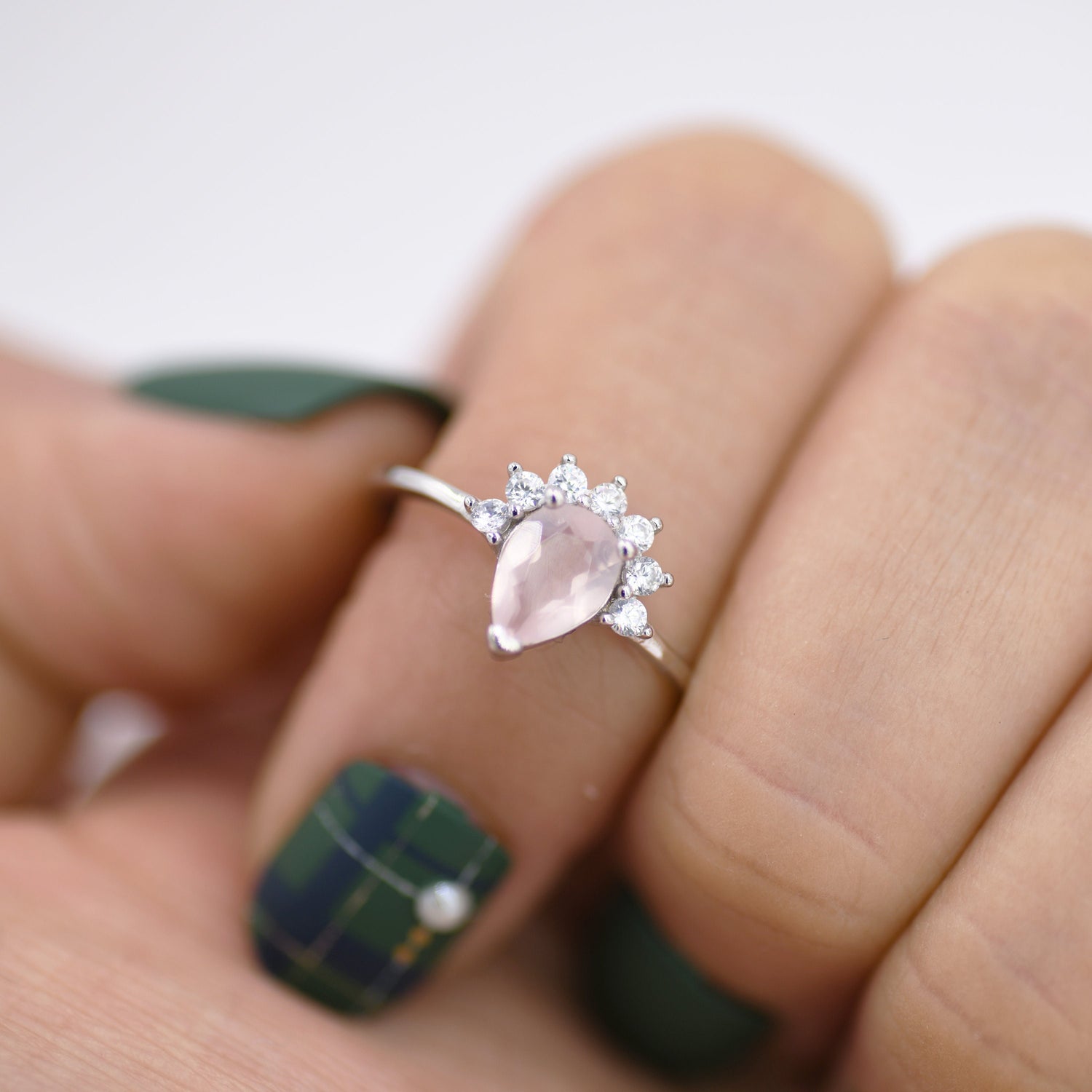 Genuine Pear Cut Rose Quartz Crown Ring in Sterling Silver, Natural Pink Rose Quartz Crystal Ring, Vintage Inspired Design, US 5 - 8