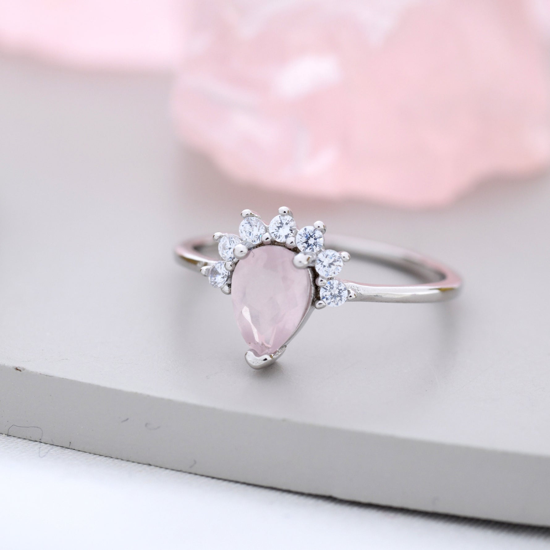Genuine Pear Cut Rose Quartz Crown Ring in Sterling Silver, Natural Pink Rose Quartz Crystal Ring, Vintage Inspired Design, US 5 - 8