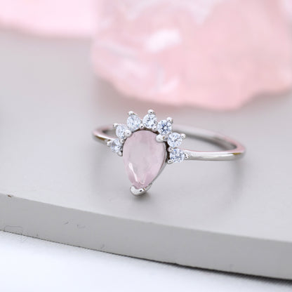 Genuine Pear Cut Rose Quartz Crown Ring in Sterling Silver, Natural Pink Rose Quartz Crystal Ring, Vintage Inspired Design, US 5 - 8