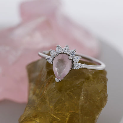 Genuine Pear Cut Rose Quartz Crown Ring in Sterling Silver, Natural Pink Rose Quartz Crystal Ring, Vintage Inspired Design, US 5 - 8