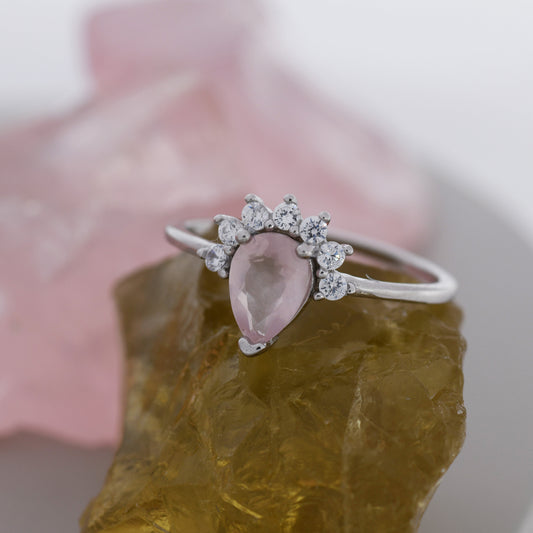 Genuine Pear Cut Rose Quartz Crown Ring in Sterling Silver, Natural Pink Rose Quartz Crystal Ring, Vintage Inspired Design, US 5 - 8