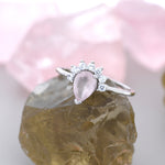 Genuine Pear Cut Rose Quartz Crown Ring in Sterling Silver, Natural Pink Rose Quartz Crystal Ring, Vintage Inspired Design, US 5 - 8