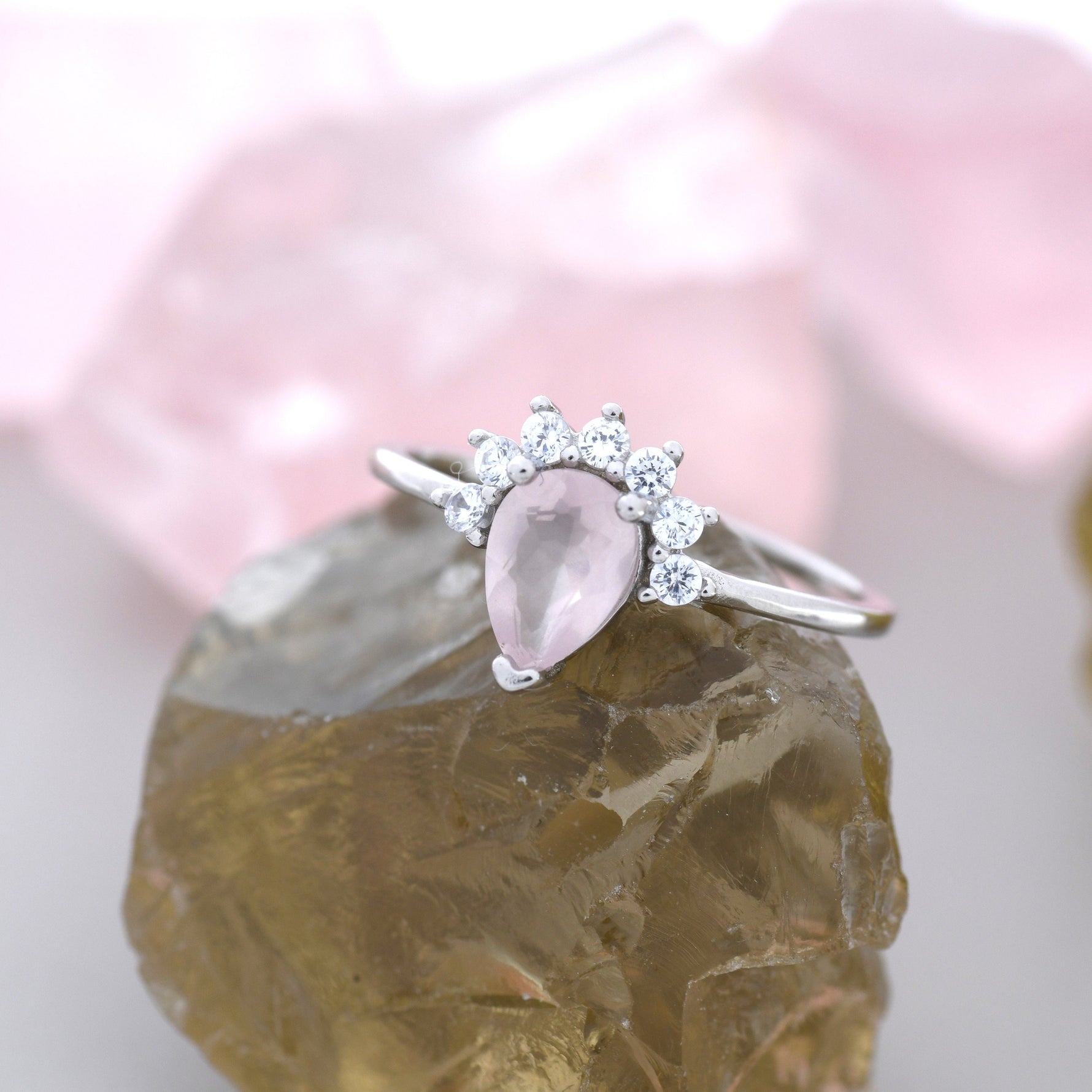 Genuine Pear Cut Rose Quartz Crown Ring in Sterling Silver, Natural Pink Rose Quartz Crystal Ring, Vintage Inspired Design, US 5 - 8