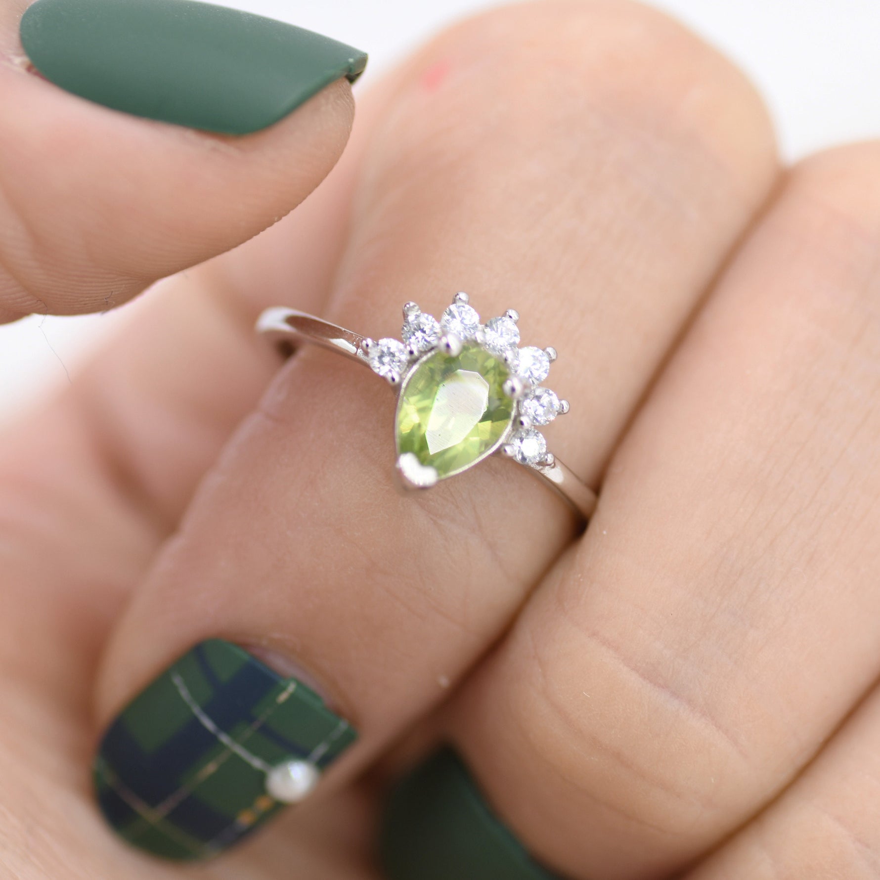 Genuine Pear Cut Peridot Crown Ring in Sterling Silver, Natural Peridot Crystal Ring, Vintage Inspired Design, US 5 - 8