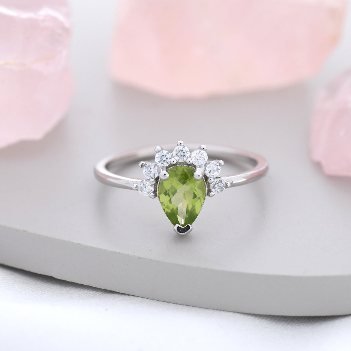 Genuine Pear Cut Peridot Crown Ring in Sterling Silver, Natural Peridot Crystal Ring, Vintage Inspired Design, US 5 - 8