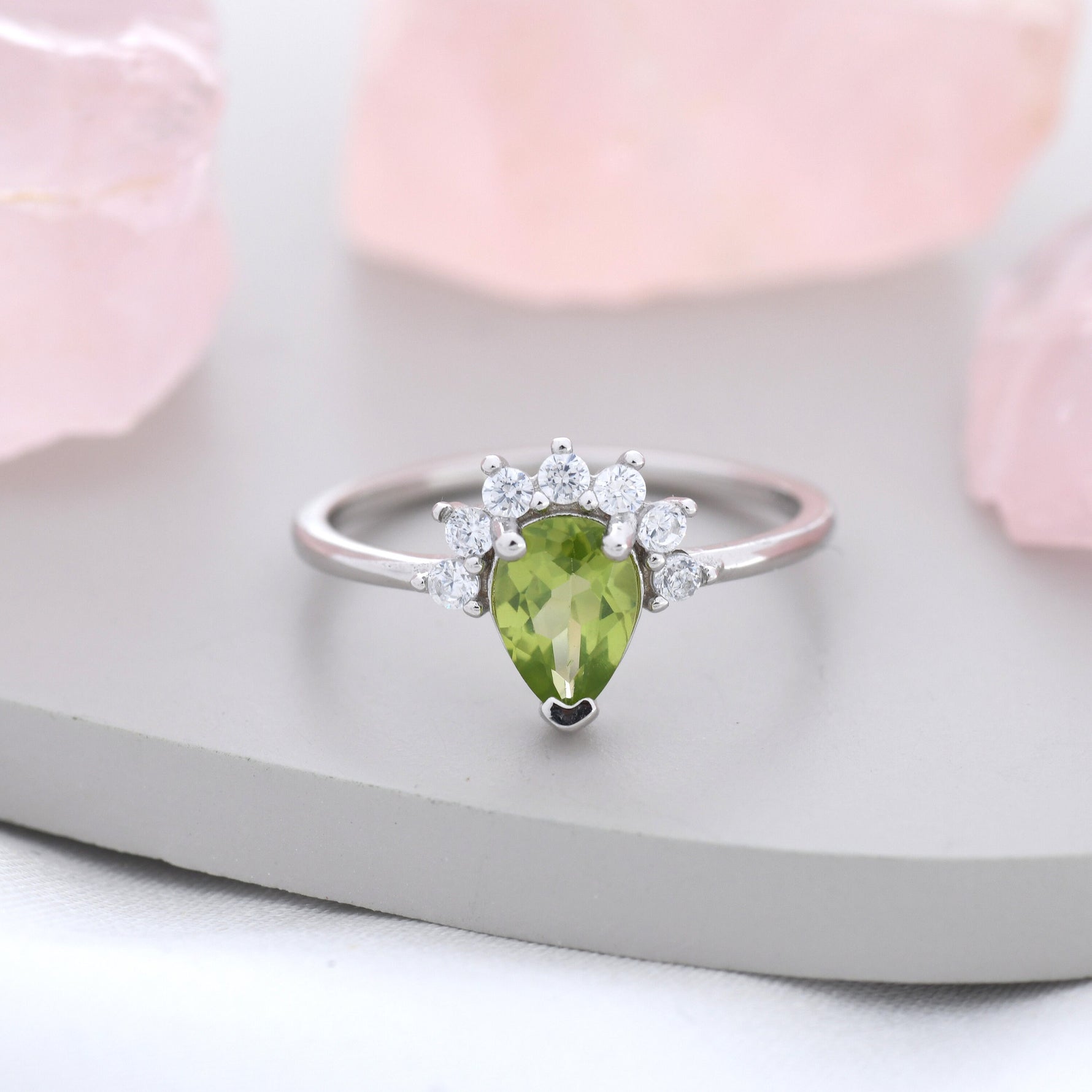 Genuine Pear Cut Peridot Crown Ring in Sterling Silver, Natural Peridot Crystal Ring, Vintage Inspired Design, US 5 - 8
