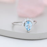 Genuine Pear Cut Sky Blue Topaz Crown Ring in Sterling Silver, Natural Blue Topaz Crystal Ring, Vintage Inspired Design, US 5 - 8