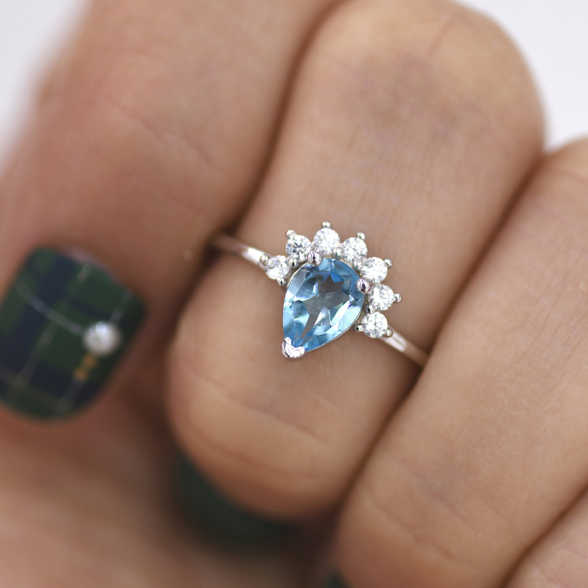 Genuine Pear Cut Swiss Blue Topaz Crown Ring in Sterling Silver, Natural Blue Topaz Crystal Ring, Vintage Inspired Design, US 5 - 8