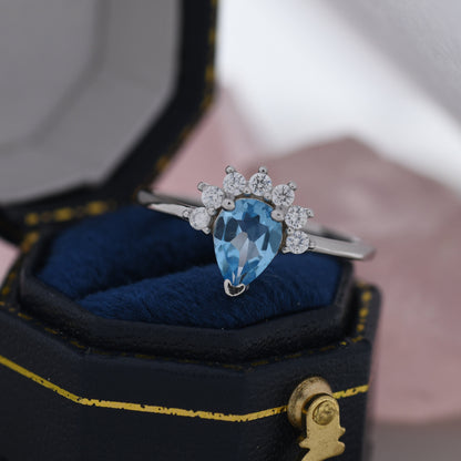 Genuine Pear Cut Swiss Blue Topaz Crown Ring in Sterling Silver, Natural Blue Topaz Crystal Ring, Vintage Inspired Design, US 5 - 8