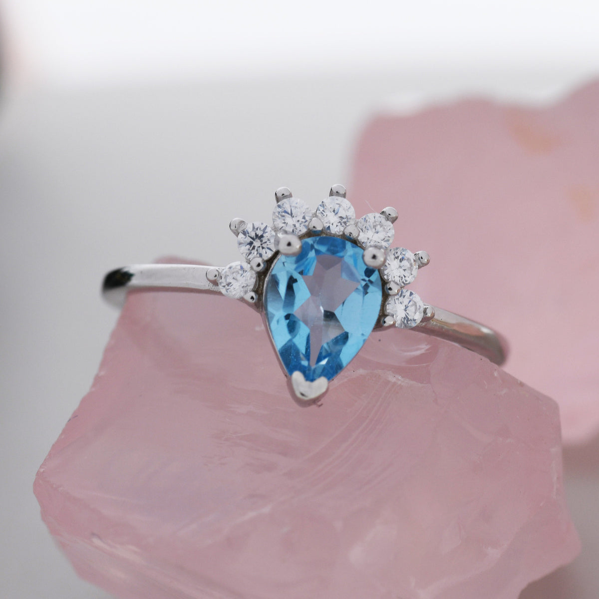 Genuine Pear Cut Swiss Blue Topaz Crown Ring in Sterling Silver, Natural Blue Topaz Crystal Ring, Vintage Inspired Design, US 5 - 8
