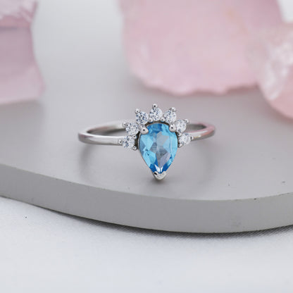 Genuine Pear Cut Swiss Blue Topaz Crown Ring in Sterling Silver, Natural Blue Topaz Crystal Ring, Vintage Inspired Design, US 5 - 8
