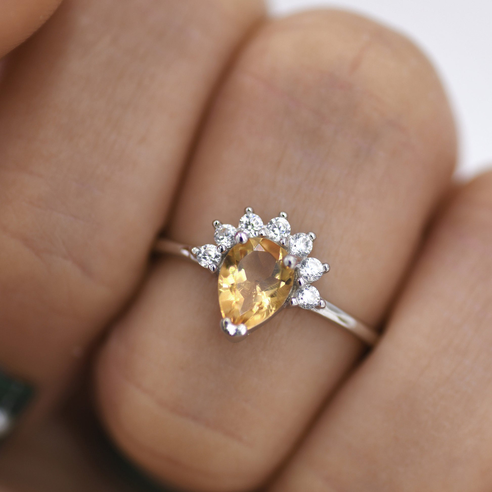 Genuine Pear Cut Citrine Crown Ring in Sterling Silver, Natural Yellow Citrine Crystal Ring, Vintage Inspired Design, US 5 - 8