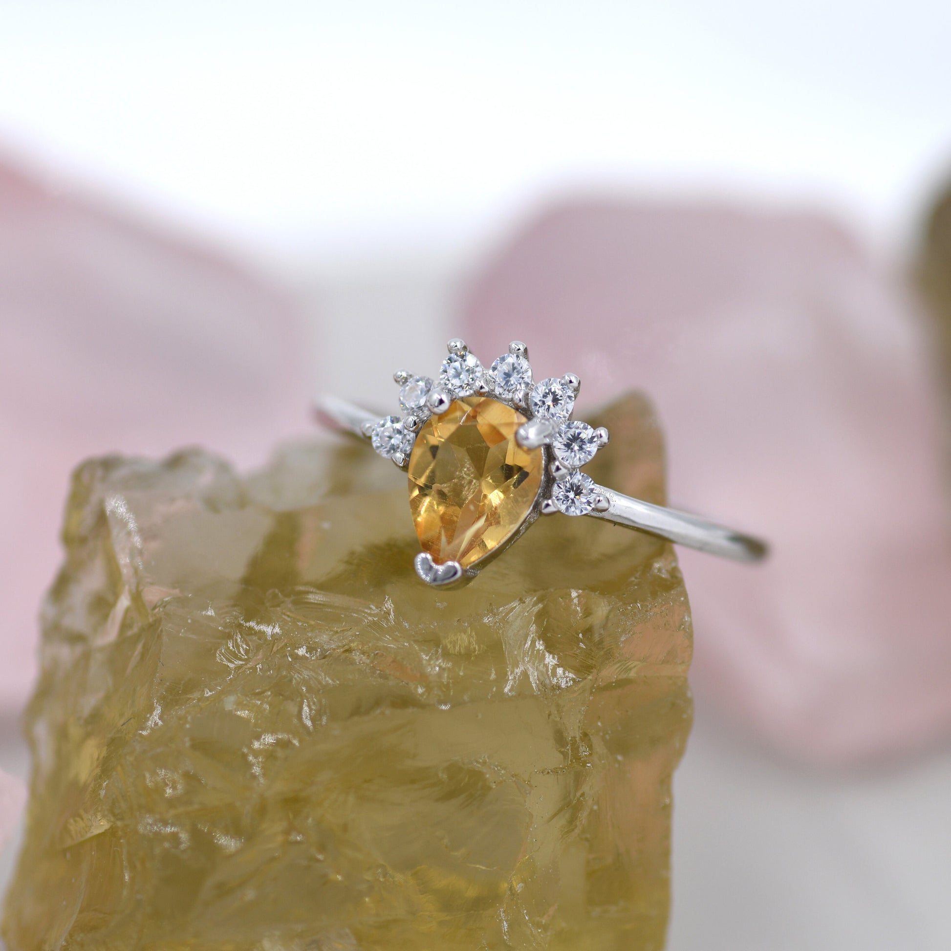 Genuine Pear Cut Citrine Crown Ring in Sterling Silver, Natural Yellow Citrine Crystal Ring, Vintage Inspired Design, US 5 - 8