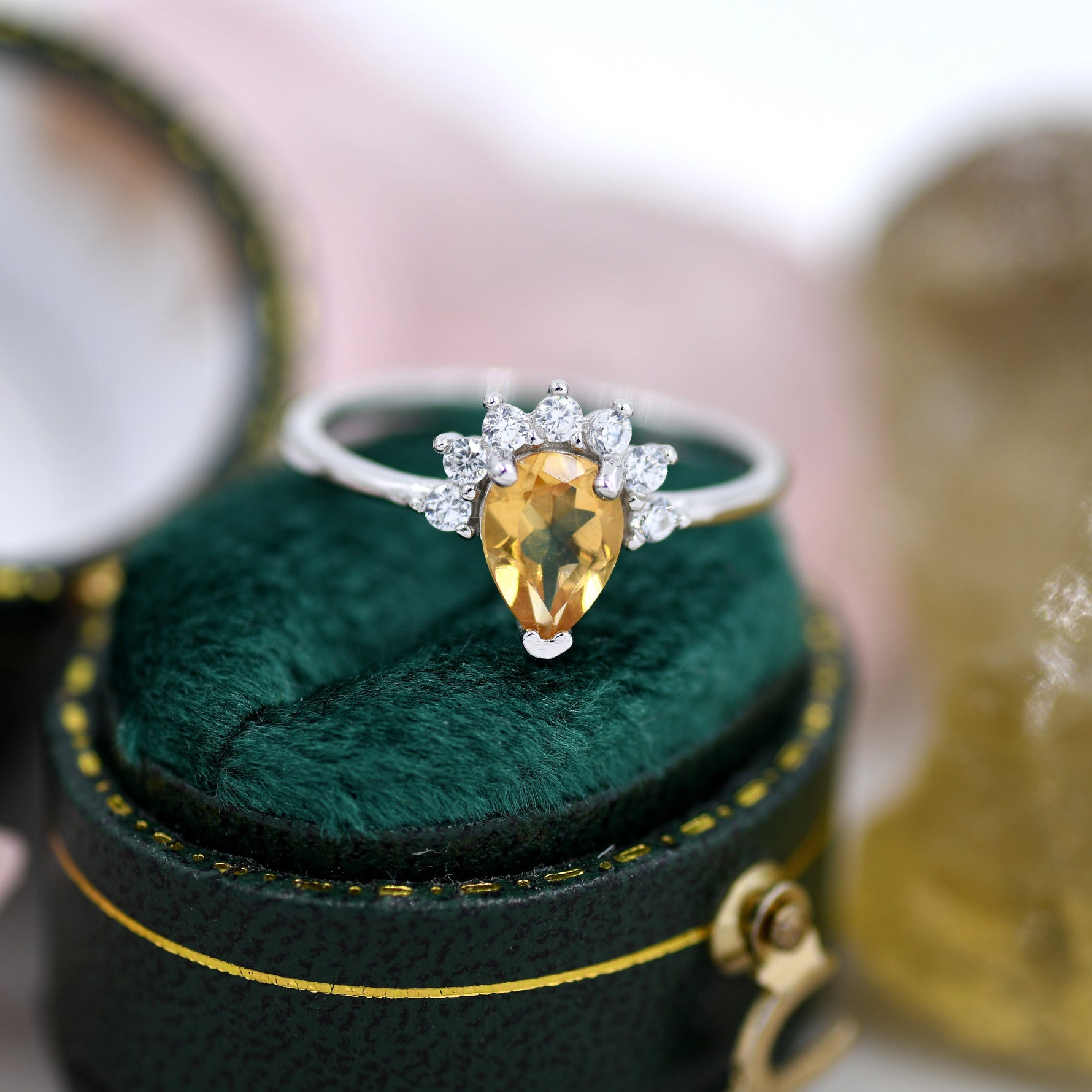 Genuine Pear Cut Citrine Crown Ring in Sterling Silver, Natural Yellow Citrine Crystal Ring, Vintage Inspired Design, US 5 - 8